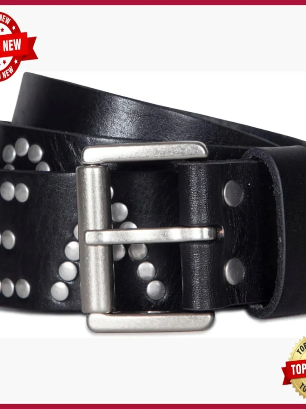 Studded Leather Belt with Roller Buckle, Adjustable
